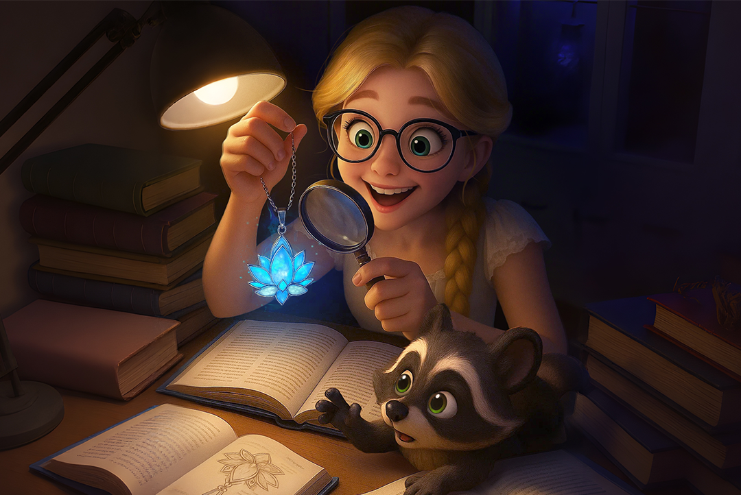 Samantha studies the glowing blue gemstone with Nibble