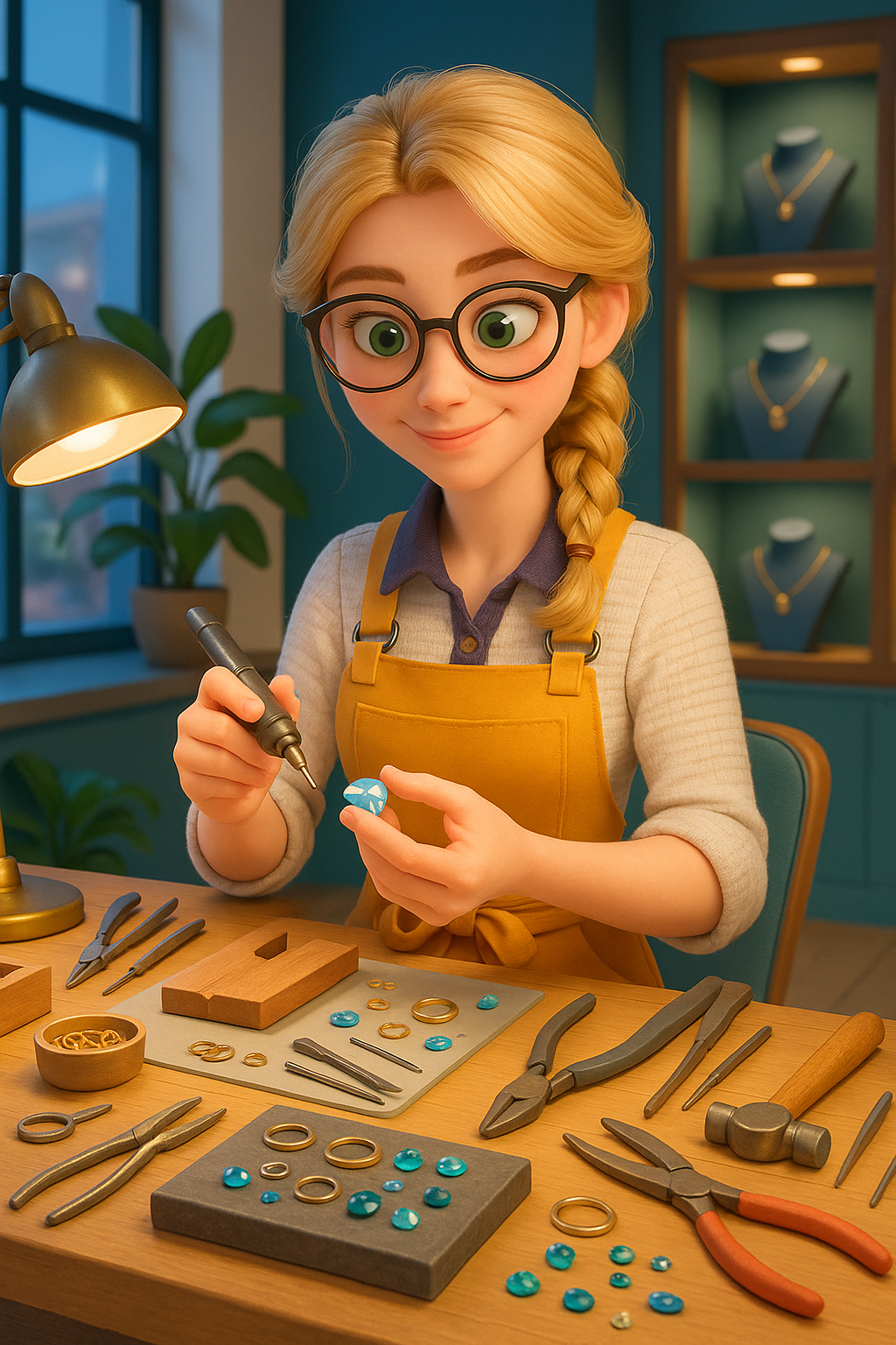 Samantha crafting jewelry at her workbench