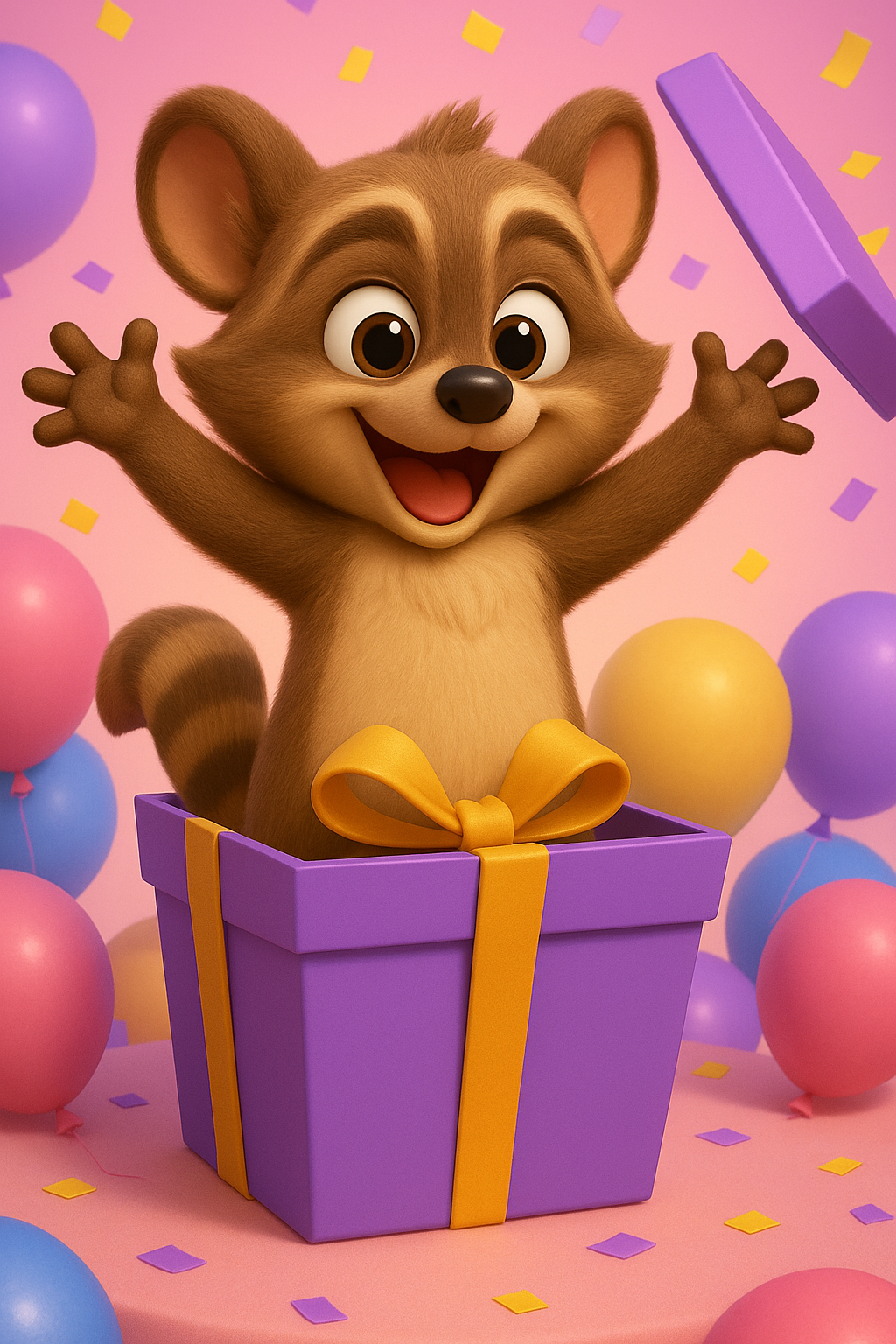 Nibble popping out of a purple gift box